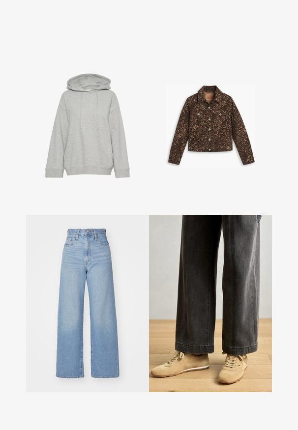 Chaqueta de mezclilla con estampado de leopardo que presenta un cuello, cierre de botones, dos bolsillos frontales y un diseño cropped en tonos marrones y negros.; Sudadera gris con capucha de corte relajado, con mangas largas, cordón y puños acanalados. Fabricada en una suave tela texturizada.; Jeans de tiro alto y pernera ancha en azul claro, con cierre frontal de botón y cremallera, y bolsillos delantero y trasero, sobre un fondo blanco.; Zapatillas de ante beige con suelas blancas, combinadas con pantalones de pierna ancha gris oscuro. Los pantalones tienen un dobladillo limpio y una textura ligeramente desgastada.