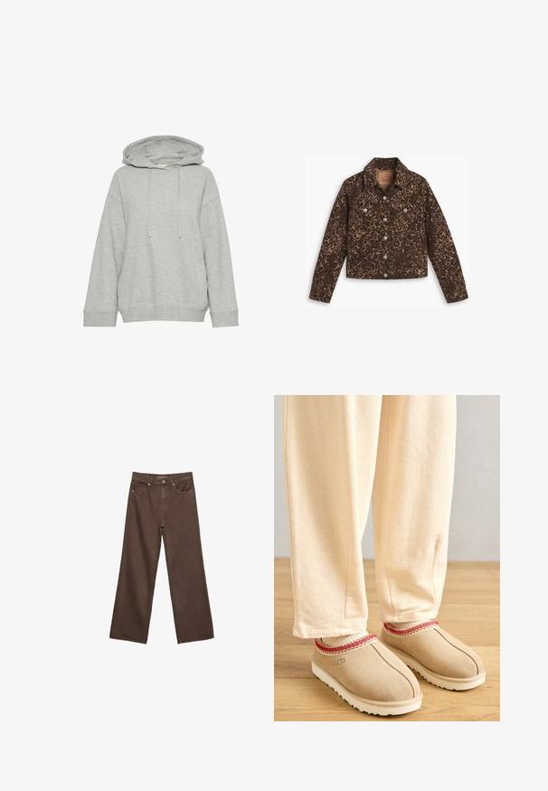 Jeansjacka i leopardmönster med krage, knappstängning, två framfickor och en kortad design i bruna och svarta nyanser.; Grå huvtröja med avslappnad passform, med långa ärmar, dragsko och ribbad mudd. Tillverkad av mjukt, texturerat tyg.; Breda bruna jeans i denim med hög midja, framfickor och klassisk knäppning. Slät textur med subtil sömnad.; Bruna mockakläder med röd dekorativ kant och vit gummisula, kombinerade med ljusbeige byxor, placerade på ett trägolv.