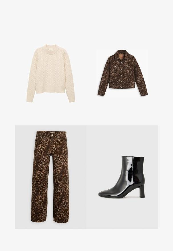 Chaqueta de mezclilla con estampado de leopardo que presenta un cuello, cierre de botones, dos bolsillos frontales y un diseño cropped en tonos marrones y negros.; Suéter de punto de cable color crema con un cuello redondo, mangas largas y dobladillo acanalado. Fabricado con un material de punto suave y texturizado.; Jeans de pierna ancha con estampado de leopardo en marrón y beige. Fabricados en mezclilla, con un diseño clásico de cinco bolsillos y acentos de hardware metálico.; Botín de charol negro con punta afilada y un tacón de bloque de altura media. Textura suave y diseño minimalista.