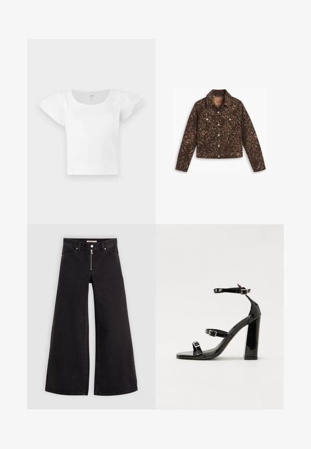 Leopardikuvioinen farkkutakki, jossa on kaulus, nappisulku, kaksi etutaskua ja lyhyt malli ruskeassa ja mustassa värissä.; Valkoinen lyhythihainen cropped-paita, jossa on puffattuja olkapäitä ja pyöreä pääntie, valmistettu ribbikankaasta, GAP:ilta koossa medium.; Mustat leveälahkeiset farkut, joissa on vetoketjufrunti, viisi-taskuinen muotoilu ja hienovaraiset ompelusyyt. Sileä pinta ja rento tyyli.; Musta kiiltävä korkokenkä sandaalit neliönmuotoisella varpaalla, nilkkaremmillä ja hopeisilla soljilla. Varustettu tukevalla lohkokorkealla vakauden takaamiseksi.