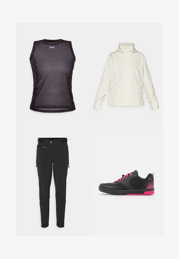 Light beige waterproof jacket with a high collar, zippered side pockets, and subtle brand logo on the chest. Smooth texture, casual design.; Black sleeveless athletic shirt with a mesh design, featuring a rounded neckline and POC logo. The fabric appears lightweight and breathable.; Black outdoor pants made from stretch fabric, featuring zippered pockets, a slim fit, and a smooth texture with reinforced knee panels.; Black athletic shoe with pink accents, featuring a mesh upper, padded collar, and a textured rubber sole. Laces are bright pink.