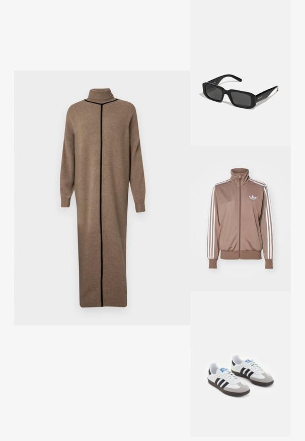 Veste de survêtement marron avec un col montant, design à trois bandes blanches sur les manches, fermeture zippée et un petit logo en relief sur la poitrine.; Robe en tricot marron avec un col montant et des manches longues. Présente une couture verticale noire contrastante sur le devant. Une coupe droite et décontractée.; Baskets avec une tige en cuir blanc, un bout en daim gris et trois bandes noires. Présente un logo bleu sur la languette et une semelle en caoutchouc texturée.; Arnette THEKIDD UNISEX - Lunettes de soleil - black