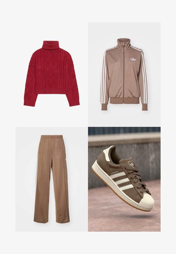 Braune Trainingsjacke mit hohem Kragen, weißem Drei-Streifen-Design an den Ärmeln, Reißverschluss und kleinem geprägtem Logo auf der Brust.; Roter Strickpullover mit hohem Rollkragen, Zopfmusterdesign mit Rautenmuster und elastischen Bündchen und Saum.; Braune Sporthosen aus weichem Stoff, mit einem elastischen Bund, Seitentaschen und weißen Logo-Akzenten an der linken Hüfte.; Braune Wildleder-Sneaker mit weißen Streifen, crèmefarbenen Akzenten und einer Gummischale an der Zehe. Verfügt über ein Schnürdesign und eine strukturierte Gummisohle.