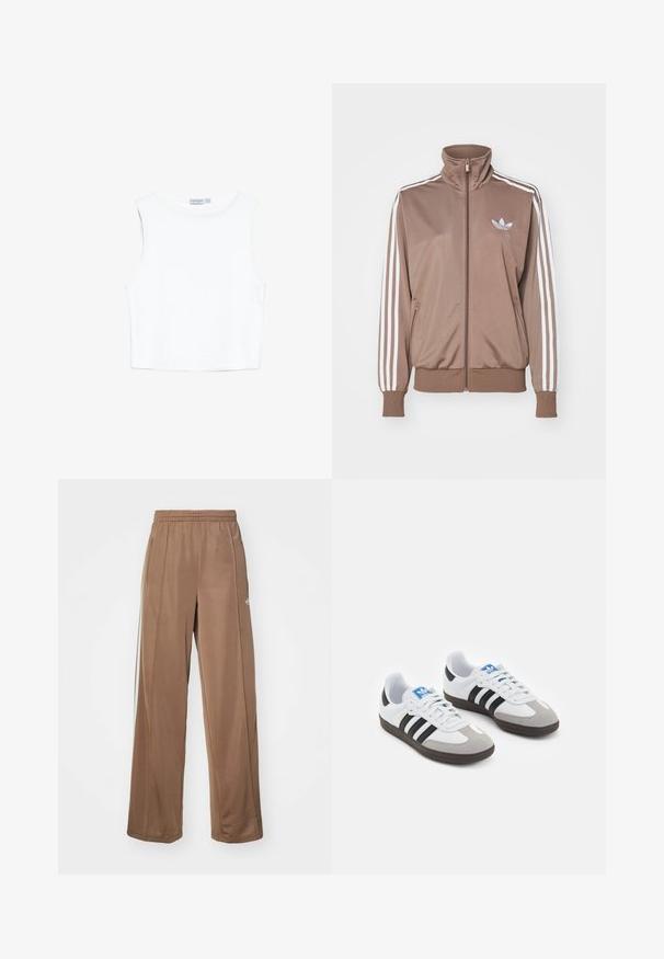 Ruskea urheilutakki korkealla kauluksella, valkoiset kolme raitaa hihoissa, vetoketjusuljenta ja pieni kohokuvioitu logo rinnassa.; Valkoinen, hihaton toppi, joka on valmistettu sileästä ja joustavasta kankaasta; siinä on pyöreä kaula-aukko ja suora helma. Yksinkertainen ja puhdas muotoilu.; Ruskeat urheiluhousut, jotka on valmistettu pehmeästä kankaasta. Housuissa on joustava vyötärönauha, sivutaskut ja valkoiset logoakkentit vasemmassa lonkassa.; Urheilukengät, joissa on valkoinen nahkainen päällinen, harmaa mokkanokka ja kolme mustaa raitaa. Ominaisuuksina sininen logo kielekkeessä ja kuvioitu kumipohja.