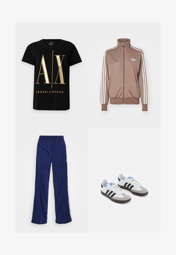 Ruskea urheilutakki korkealla kauluksella, valkoiset kolme raitaa hihoissa, vetoketjusuljenta ja pieni kohokuvioitu logo rinnassa.; Musta puuvillane T-särk, millel on julge kuldne "A/X" logo ja tekst "ARMANI EXCHANGE", lühikesed varrukad, ümar kaelus, sile tekstuur.; Laivastonsiniset urheiluhousut, joissa on joustava vyötärö, suorat lahkeet ja sivuvetoketjut. Sivuille on lisätty valkoista kaitaliinaa. Housuissa on sileä kankaan rakenne.; Urheilukengät, joissa on valkoinen nahkainen päällinen, harmaa mokkanokka ja kolme mustaa raitaa. Ominaisuuksina sininen logo kielekkeessä ja kuvioitu kumipohja.