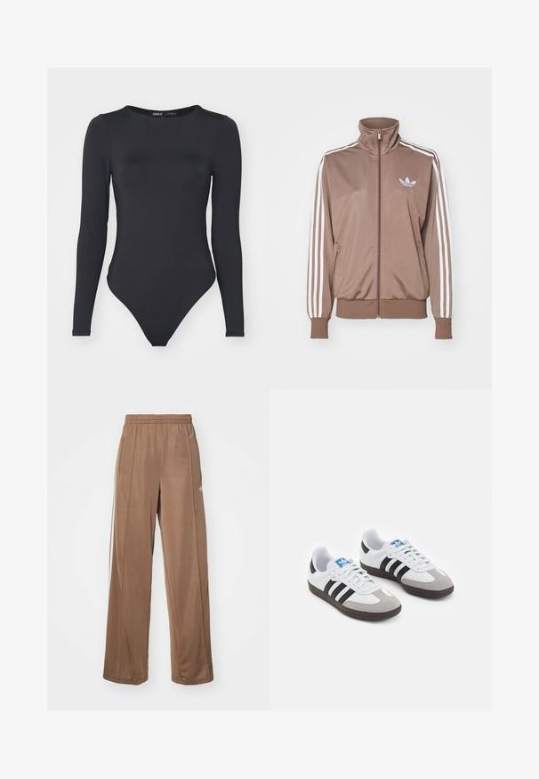 Ruskea urheilutakki korkealla kauluksella, valkoiset kolme raitaa hihoissa, vetoketjusuljenta ja pieni kohokuvioitu logo rinnassa.; Musta pitkähiha bodysuit, joka on valmistettu sileästä kankaasta. Siinä on pyöreä kaula-aukko ja korkealle leikattuja lahkeita, joissa on vain vähäiset saumat.; Ruskeat urheiluhousut, jotka on valmistettu pehmeästä kankaasta. Housuissa on joustava vyötärönauha, sivutaskut ja valkoiset logoakkentit vasemmassa lonkassa.; Urheilukengät, joissa on valkoinen nahkainen päällinen, harmaa mokkanokka ja kolme mustaa raitaa. Ominaisuuksina sininen logo kielekkeessä ja kuvioitu kumipohja.