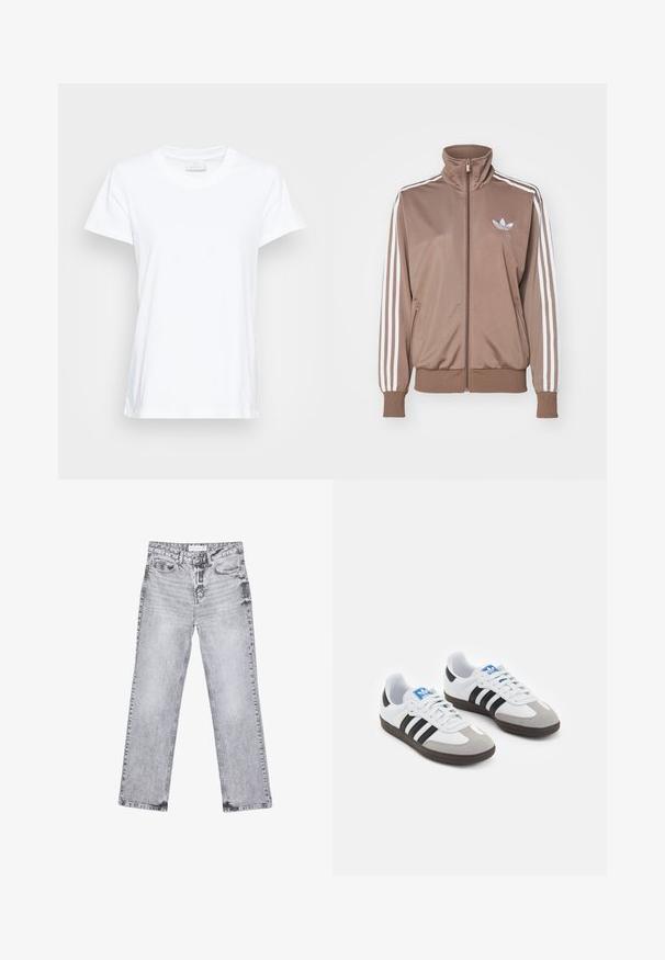 Brown track jacket with a high collar, white three-stripe design on sleeves, zip closure, and a small embossed logo on the chest.; White short-sleeved t-shirt made of soft cotton. Features a round neckline and a slightly loose fit with side slits for added comfort.; Gray denim jeans with a straight-leg cut, distressed detailing, five pockets, and copper rivets. Waistband features a logo tag.; Sport shoes with a white leather upper, gray suede toe, and three black stripes. Features a blue logo on the tongue and a textured rubber sole.