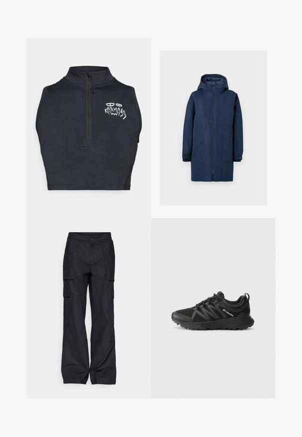 Parka impermeável azul-marinho com capuz, fecho éclair de comprimento total, dois bolsos frontais e punhos canelados para maior aquecimento. Textura suave.; Top cropped sem mangas preto com gola alta, fecho de zíper de um quarto na frente e gráfico abstrato branco "Karma" no lado esquerdo do peito.; Columbia BREA FALLS™ COTTON RIPSTOP PANT - Calças para exterior - black; Columbia PEAKFREAK - Sapatos de caminhada - black