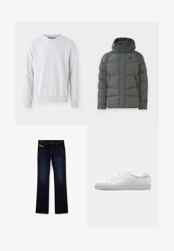 Padded bunda s kapucňou v tmavosivej farbe, s bočnými vreckami na zips, hladkým povrchom a odolným materiálom s matným povrchom.; Svetlo šedá mikina vyrobená z jemnej tkaniny, s okrúhlym výstrihom, dlhými rukávmi a rebrovanými manžetami a spodným lemom. Hladká textúra s minimálnym dizajnom.; Tmavomodré denimové džínsy so strihom rovné nohavice, s oranžovým prešívaním, s pružným zipsovým uzáverom a prednými vreckami. Hladká textúra a štandardný pás.; Biele tenisky s hladkým koženým zvrškom a nízkym profilom. Majú zaoblenú špičku, šesť očiek a štruktúrovanú gumovú podrážku.