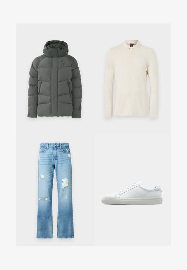 Επενδεδυμένο μπουφάν με κουκούλα σε σκούρο γκρι, με φερμουάρ στα πλάγια τσέπες, ομαλή υφή και ανθεκτικό ύφασμα με ματ φινίρισμα.; Μακρυμάνικο πόλο μπλουζάκι σε ανοιχτό μπεζ χρώμα, φτιαγμένο από απαλό ύφασμα, με γιακά πόλο, επένδυση με δύο κουμπιά και μικρή λογότυπη διακόσμηση στο στήθος.; Ανοιχτό μπλε τζιν παντελόνι με ίσια γραμμή, διαθέτει σκισίματα και ξεθωριασμένο φινίρισμα. Περιλαμβάνει μεταλλικό κουμπί και πέντε τσέπες.; Λευκό αθλητικό παπούτσι με άνω μέρος από λείο δέρμα και χαμηλό προφίλ. Διαθέτει στρογγυλεμένη μύτη, έξι τρυπούλες και υφασμένη καουτσούκ σόλα.
