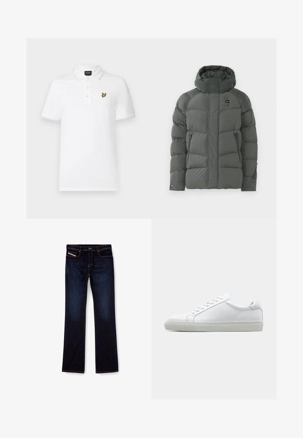 Polstret hættejakke i mørkegrå, med lynlåslommer i siderne, en glat tekstur og et slidstærkt stof med en mat overflade.; Hvid polo shirt lavet af bomuld med en tekstureret finish. Har et gult broderet logo på brystet, to-knaps lukning og kontrasterende kravekant.; Mørkeblå denim jeans med lige ben, med orange syninger, lynlås og forlommer. Glat tekstur og standard talje.; Hvide sneakers med en glat læderoverdel og lav profil. Har en rund tå, seks snørehuller og en tekstureret gummisål.