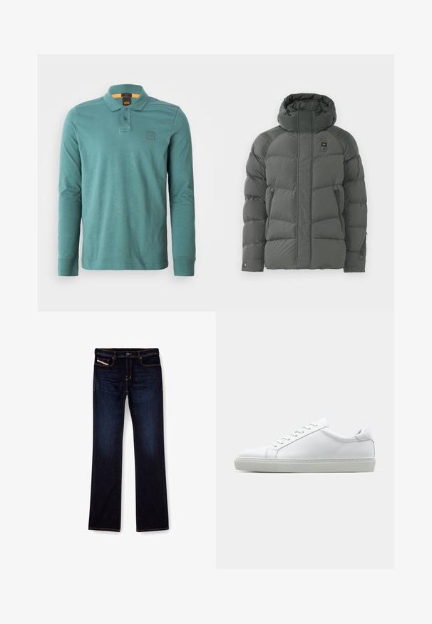 Tumedateed kapuutsiga jope, millel on lukkudega küljetaskud, sile tekstuur ja vastupidav kangas mattviimistlusega.; Teal värvi puuvillane pika varrukaga polo särk. Omab kraed, kahte nuppu ja väikest logoklappi vasakul rinnataskul.; Tumed sinine denimist teksapüksid sirge lõikega, millel on oranž õmblus, lukuga ees ja eesmine tasku. Sile tekstuur ja tavaline vöökoht.; Valge tennisetoss, millel on sile nahk pealis ja madal profiil. Omab ümarat ninaosa, kuut silmust ja tekstuuriga kummist talda.