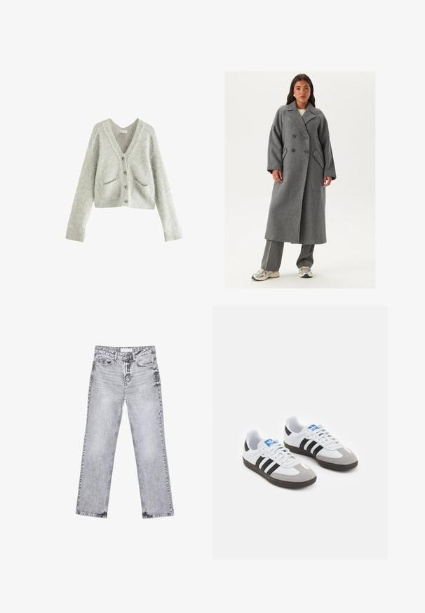 Manteau en laine gris à double boutonnage avec larges revers, grands boutons et poches latérales. Silhouette longue et structurée avec une texture douce.; Cardigan court gris clair en tissu doux et texturé. Présente un décolleté en V profond, cinq boutons et deux poches avant.; Débardeur blanc côtelé avec un décolleté rond et sans manches, présentant un ourlet droit et une texture lisse et extensible.; Jean en denim gris avec une coupe droite, des détails déchirés, cinq poches et des rivets en cuivre. La ceinture présente une étiquette de logo.; Baskets avec une tige en cuir blanc, un bout en daim gris et trois bandes noires. Présente un logo bleu sur la languette et une semelle en caoutchouc texturée.