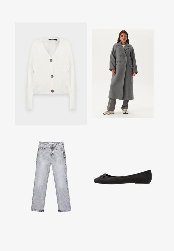Dvouřadový šedý vlněný kabát s širokými klopami, velkými knoflíky a bočními kapsami. Dlouhá, strukturovaná silueta s měkkou texturou.; Bílý pletený kardigan s dlouhými rukávy, véčkovým výstřihem a pěti hnědými knoflíky vpředu; má ribbované manžety a lem. Texturovaná tkanina.; Bílý žebrovaný tílko s kulatým výstřihem a bezramínkovým designem, s rovnými lemy a hladkou, elastickou strukturou.; Šedé džíny z denimu se střihy rovnými nohavicemi, s poškozenou úpravou, pěti kapsami a měděnými nýtky. Pasová část obsahuje logo štítek.; Černé semišové baleríny s kulatou špičkou, zdobené mašlí vpředu a plochou podrážkou. Hladký povrch a klasický tvar.