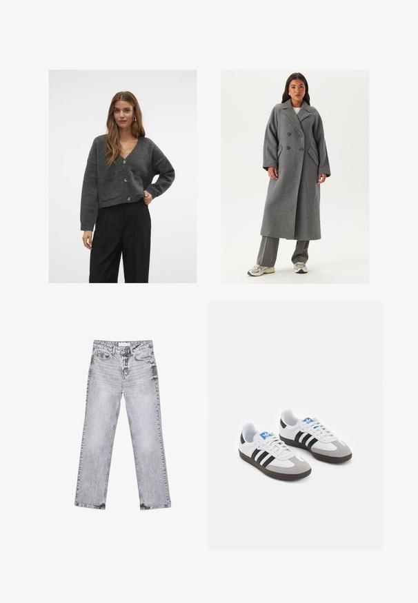 Dvouřadový šedý vlněný kabát s širokými klopami, velkými knoflíky a bočními kapsami. Dlouhá, strukturovaná silueta s měkkou texturou.; Aware VMGEMMA V-NECK VMA NOOS - Kardigan - dark grey; Bílý žebrovaný tílko s kulatým výstřihem a bezramínkovým designem, s rovnými lemy a hladkou, elastickou strukturou.; Šedé džíny z denimu se střihy rovnými nohavicemi, s poškozenou úpravou, pěti kapsami a měděnými nýtky. Pasová část obsahuje logo štítek.; Sportovní boty s bílým koženým svrškem, šedou semišovou špičkou a třemi černými pruhy. Obsahují modré logo na jazyku a texturovanou gumovou podrážku.