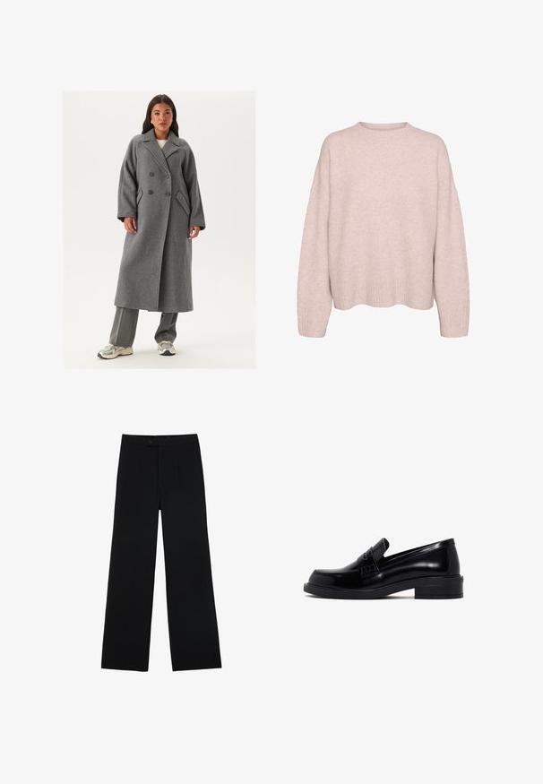 Manteau en laine gris à double boutonnage avec larges revers, grands boutons et poches latérales. Silhouette longue et structurée avec une texture douce.; Pull en maille rose clair à manches longues avec des poignets et un ourlet côtelés, ainsi qu'un col rond, présenté sur un fond blanc.; Pantalons noirs à jambes larges en tissu lisse, dotés d'une fermeture à bouton à l'avant et de deux plis pour un détail supplémentaire. Design ajusté dans l'ensemble.; Mocassins en cuir noir avec une finition lisse, bout rond, petit talon bloc et une sangle décorative sur le dessus. Détails texturés sur les côtés.