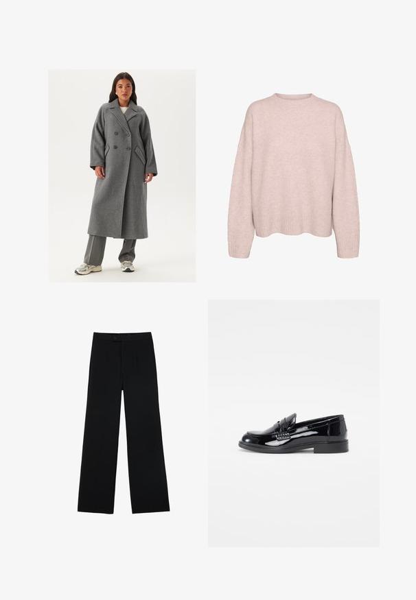 Dubbelzijdig grijs wollen jasje met brede revers, grote knopen en zijzakken. Lange, gestructureerde silhouet met een zachte textuur.; Lichtroze, lange mouw gebreide trui met geribde manchetten, zoom en een ronde ronde halslijn, weergegeven tegen een witte achtergrond.; Zwarte wijde broek van gladde stof, met een ritssluiting aan de voorkant en twee plooien voor extra detail. Over het geheel een nauwkeurige pasvorm.; Zwarte gepatineerde leren instapper met een ronde neus, verhoogde naden en een platte rubberen zool. Gladde textuur met een gepolijste afwerking.