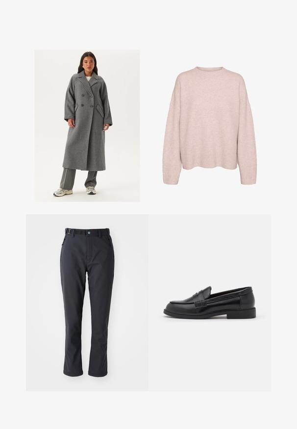 Dvouřadový šedý vlněný kabát s širokými klopami, velkými knoflíky a bočními kapsami. Dlouhá, strukturovaná silueta s měkkou texturou.; Svetle růžový, dlouhý pletený svetr s žebrovanými manžetami, lemem a kulatým výstřihem, vystavený na bílém pozadí.; Columbia LEADER CREST™ PANT - Outdoorové kalhoty - black; Černé kožené mokasíny s hladkým povrchem, zaoblenou špičkou, prošitím na svršku a nízkou plochou gumovou podrážkou.