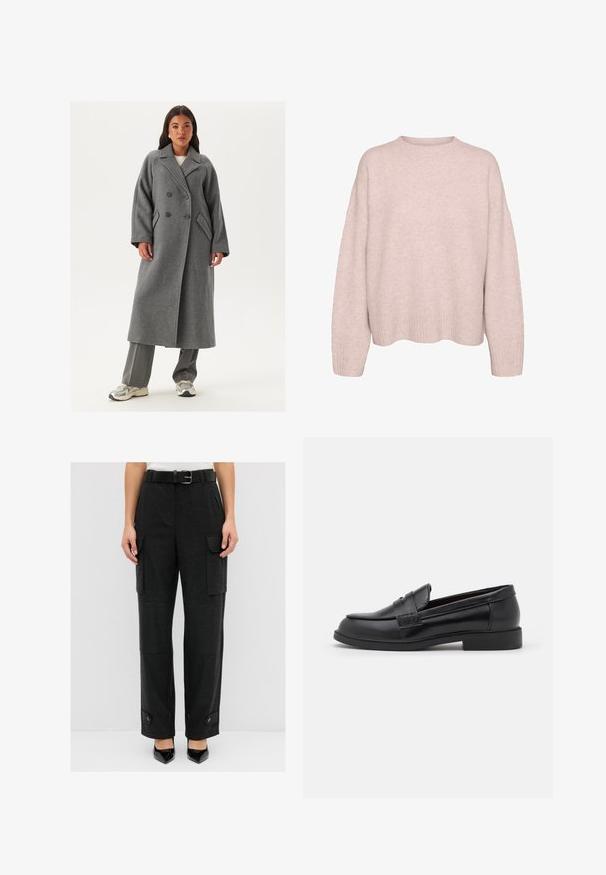 Dubbelzijdig grijs wollen jasje met brede revers, grote knopen en zijzakken. Lange, gestructureerde silhouet met een zachte textuur.; Lichtroze, lange mouw gebreide trui met geribde manchetten, zoom en een ronde ronde halslijn, weergegeven tegen een witte achtergrond.; Zwarte cargobroek met een rechte pasvorm, voorzien van zijzakken, een ceintuur en knoopaccenten op de manchetten. Soepele stofstructuur.; Zwarte leren loafers met een gladde textuur, ronde neus, gestikte details op de bovenkant en een lage, platte rubberen zool.