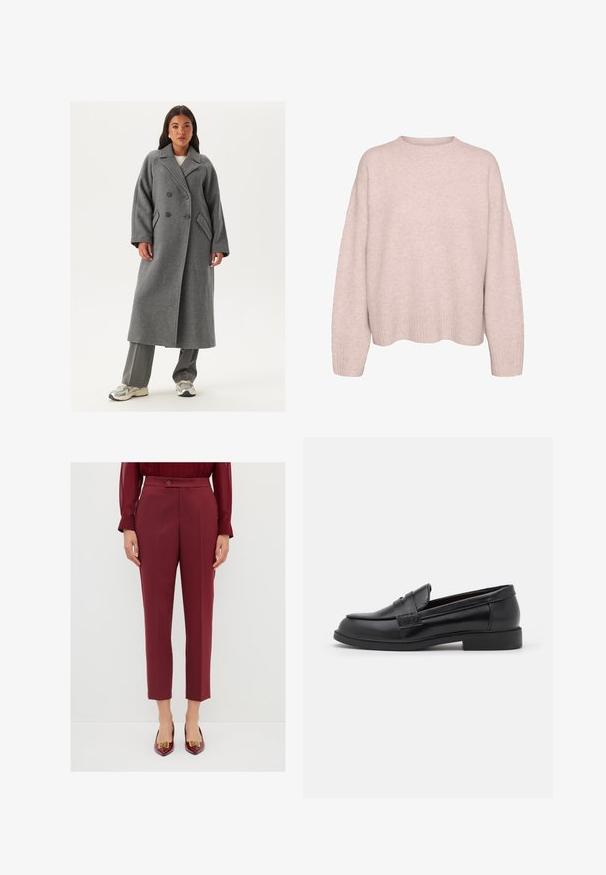 Dubbelzijdig grijs wollen jasje met brede revers, grote knopen en zijzakken. Lange, gestructureerde silhouet met een zachte textuur.; Lichtroze, lange mouw gebreide trui met geribde manchetten, zoom en een ronde ronde halslijn, weergegeven tegen een witte achtergrond.; Bordeaux op maat gemaakte broek met een gladde textuur, voorzien van een knoopsluiting, geplooide voorkant en cropped lengte. Gecombineerd met puntige schoenen.; Zwarte leren loafers met een gladde textuur, ronde neus, gestikte details op de bovenkant en een lage, platte rubberen zool.