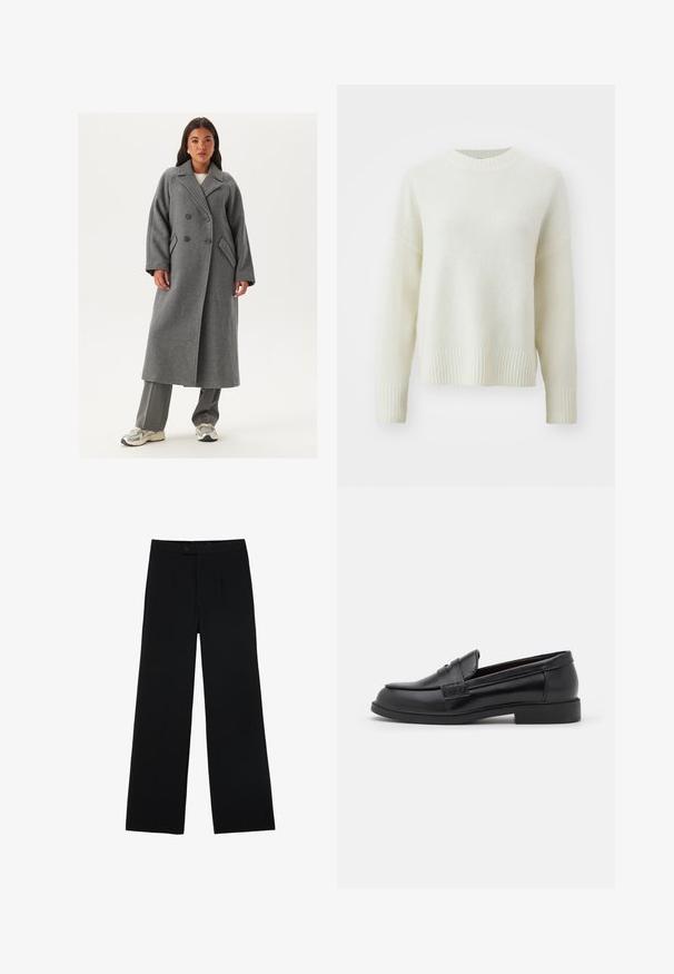 Dubbelzijdig grijs wollen jasje met brede revers, grote knopen en zijzakken. Lange, gestructureerde silhouet met een zachte textuur.; Lichtcrème trui van een zachte, gestructureerde stof. Voorzien van een ronde halslijn, ribgebreide cuffs en zoom, met een ontspannen pasvorm en verlaagde schouders.; Zwarte wijde broek van gladde stof, met een ritssluiting aan de voorkant en twee plooien voor extra detail. Over het geheel een nauwkeurige pasvorm.; Zwarte leren loafers met een gladde textuur, ronde neus, gestikte details op de bovenkant en een lage, platte rubberen zool.