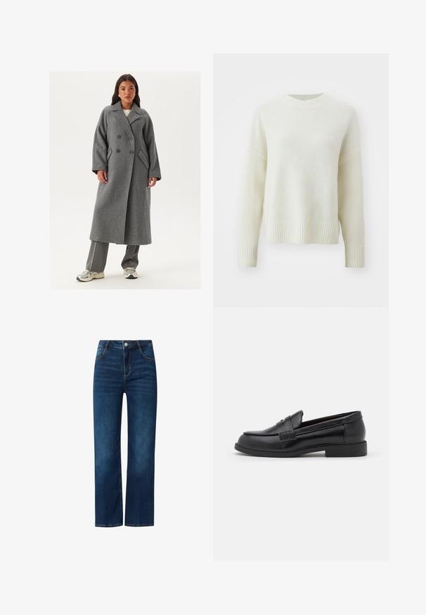 Doppelreiher grauer Wollmantel mit breiten Revers, großen Knöpfen und Seitentaschen. Lange, strukturierte Silhouette mit weichem Griff.; Hellbeige Pullover aus weichem, texturiertem Stoff. Mit runder Ausschnitt, gerippten Bündchen und Saum, lockerer Passform und überschnittenen Schultern.; Blaue Jeans aus Denim mit geradem Schnitt, ausgestattet mit einem Reißverschluss vorn, fünf Taschen und kontrastierenden Nähten. Glatte Textur, mittlere Wäsche.; Schwarze Lederloafers mit glatter Textur, abgerundeter Zehenpartie, gestickten Details auf dem Obermaterial und einer niedrigen, flachen Gummisohle.