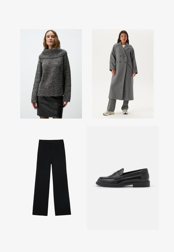 Dwurzędowy szary wełniany płaszcz z szerokimi klapami, dużymi guzikami i bocznymi kieszeniami. Długa, wyrafinowana sylwetka z miękką fakturą.; Gruby sweter dziergany w ciemnoszarym i czarnym kolorze z szerokim, złożonym kołnierzem i długimi rękawami, zestawiony z czarną skórzaną spódnicą.; Czarne szerokie spodnie wykonane z gładkiego materiału, z przodu z zapięciem na guzik i dwoma plisami dla dodatkowego wykończenia. Całość w dopasowanym kroju.; Czarne skórzane loafersy o gładkiej fakturze, zaokrąglonym nosku, wykończone przeszyciami na cholewce oraz niskiej, płaskiej gumowej podeszwie.