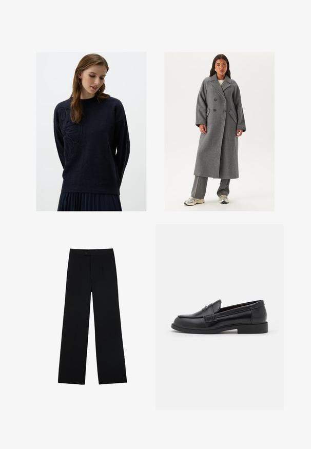 Cappotto grigio in lana doppiopetto con ampi revers, grandi bottoni e tasche laterali. Silhouette lunga e strutturata con una texture morbida.; Maglioncino blu navy con collo rotondo, maniche lunghe e un design floreale testurizzato sul lato sinistro. Tessuto morbido con una vestibilità comoda.; Pantaloni neri a gamba larga realizzati in tessuto morbido, con chiusura frontale a bottoni e due pieghe per un dettaglio aggiuntivo. Design su misura in generale.; Mocassini in pelle nera con una superficie liscia, punta rotonda, dettagli cuciti sulla tomaia e suola piatta in gomma bassa.