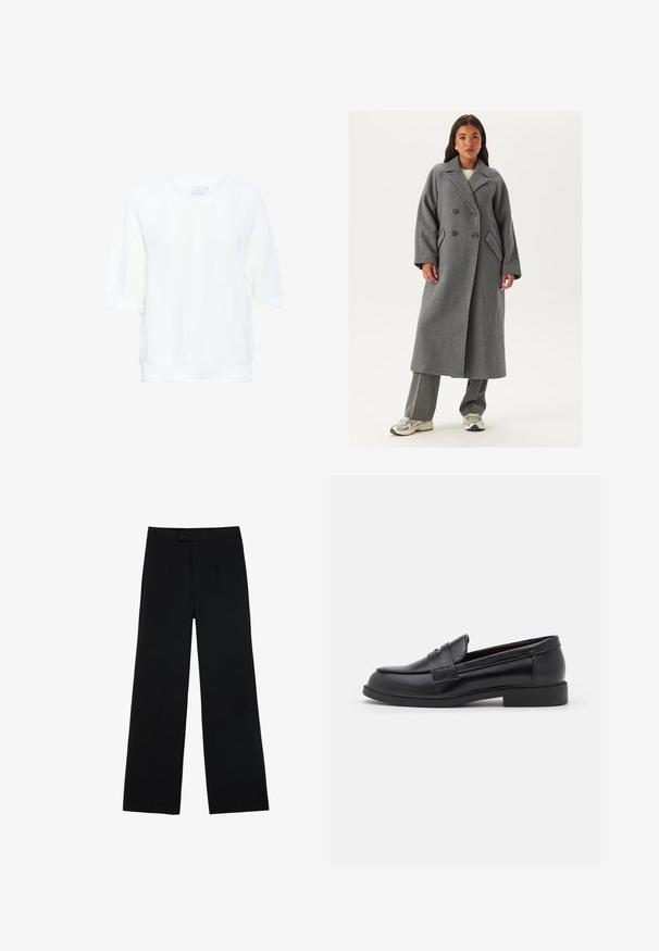 Manteau en laine gris à double boutonnage avec larges revers, grands boutons et poches latérales. Silhouette longue et structurée avec une texture douce.; Kaffe WHITNEY - T-shirt basique - chalk; Pantalons noirs à jambes larges en tissu lisse, dotés d'une fermeture à bouton à l'avant et de deux plis pour un détail supplémentaire. Design ajusté dans l'ensemble.; Mocassins en cuir noir avec une texture lisse, un bout arrondi, des coutures décoratives sur le dessus, et une semelle en caoutchouc plate et basse.