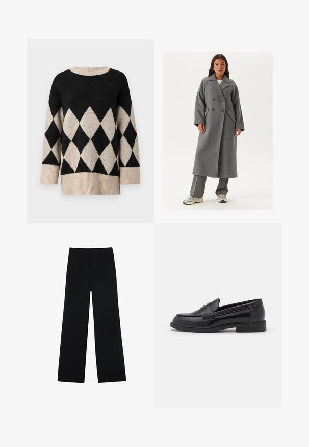 Dwurzędowy szary wełniany płaszcz z szerokimi klapami, dużymi guzikami i bocznymi kieszeniami. Długa, wyrafinowana sylwetka z miękką fakturą.; Czarny sweter w kremowe pasy z wzorem w diamenty, o okrągłym dekolcie, szerokimi rękawami i teksturowanym wykończeniem dzianiny.; Czarne szerokie spodnie wykonane z gładkiego materiału, z przodu z zapięciem na guzik i dwoma plisami dla dodatkowego wykończenia. Całość w dopasowanym kroju.; Czarne skórzane loafersy o gładkiej fakturze, zaokrąglonym nosku, wykończone przeszyciami na cholewce oraz niskiej, płaskiej gumowej podeszwie.