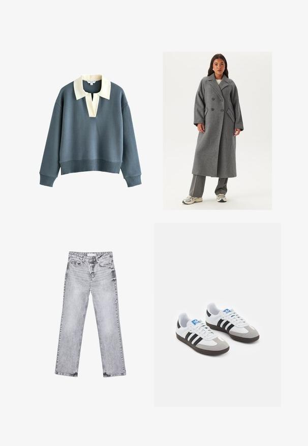 Manteau en laine gris à double boutonnage avec larges revers, grands boutons et poches latérales. Silhouette longue et structurée avec une texture douce.; Pull bleu à manches longues avec un large col crème et une ouverture en V, poignets et ourlet côtelés, fabriqué en tissu tricoté.; Jean en denim gris avec une coupe droite, des détails déchirés, cinq poches et des rivets en cuivre. La ceinture présente une étiquette de logo.; Baskets avec une tige en cuir blanc, un bout en daim gris et trois bandes noires. Présente un logo bleu sur la languette et une semelle en caoutchouc texturée.