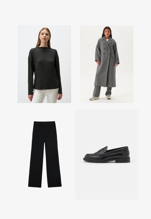 Manteau en laine gris à double boutonnage avec larges revers, grands boutons et poches latérales. Silhouette longue et structurée avec une texture douce.; Pull en tricot gris charbon avec un motif en zigzag texturé, manches longues et encolure ras du cou. Porté par-dessus un pantalon blanc.; Pantalons noirs à jambes larges en tissu lisse, dotés d'une fermeture à bouton à l'avant et de deux plis pour un détail supplémentaire. Design ajusté dans l'ensemble.; Mocassins en cuir noir avec une texture lisse, un bout arrondi, des coutures décoratives sur le dessus, et une semelle en caoutchouc plate et basse.