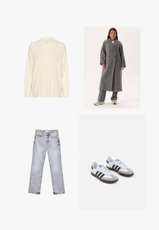 Manteau en laine gris à double boutonnage avec larges revers, grands boutons et poches latérales. Silhouette longue et structurée avec une texture douce.; Pull crème en tissu doux et fluffy. Présente un col rond, des manches longues, et des bords côtelés au niveau des poignets et de l'ourlet pour une texture ajoutée.; Jean en denim gris avec une coupe droite, des détails déchirés, cinq poches et des rivets en cuivre. La ceinture présente une étiquette de logo.; Baskets avec une tige en cuir blanc, un bout en daim gris et trois bandes noires. Présente un logo bleu sur la languette et une semelle en caoutchouc texturée.