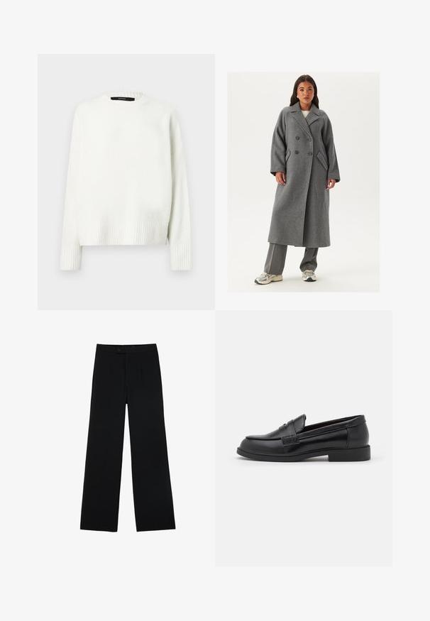 Manteau en laine gris à double boutonnage avec larges revers, grands boutons et poches latérales. Silhouette longue et structurée avec une texture douce.; Pull blanc en maille avec un col rond, des poignets et un ourlet côtelés. Texture douce et coupe décontractée, avec des épaules tombantes.; Pantalons noirs à jambes larges en tissu lisse, dotés d'une fermeture à bouton à l'avant et de deux plis pour un détail supplémentaire. Design ajusté dans l'ensemble.; Mocassins en cuir noir avec une texture lisse, un bout arrondi, des coutures décoratives sur le dessus, et une semelle en caoutchouc plate et basse.
