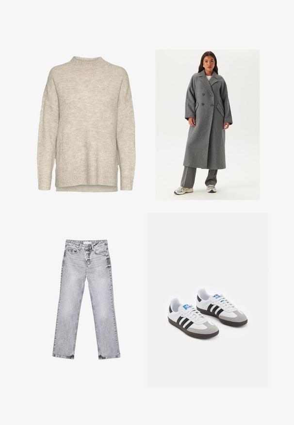 Cappotto grigio in lana doppiopetto con ampi revers, grandi bottoni e tasche laterali. Silhouette lunga e strutturata con una texture morbida.; Maglione a maglia beige chiaro con collo alto, spalle scese, polsini e orlo a coste. Il tessuto presenta una finitura morbida e texture.; Jeans in denim grigio con taglio dritto, dettagli sfilacciati, cinque tasche e rivetti in rame. La cintura presenta un'etichetta con il logo.; Scarpe sportive con tomaia in pelle bianca, punta in suede grigia e tre strisce nere. Presentano un logo blu sulla linguetta e una suola in gomma testurizzata.