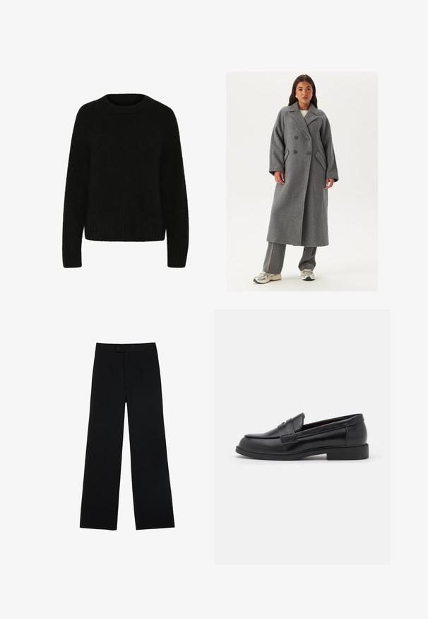 Dubbelzijdig grijs wollen jasje met brede revers, grote knopen en zijzakken. Lange, gestructureerde silhouet met een zachte textuur.; Zwarte trui gemaakt van zacht, pluizig materiaal. Heeft een ronde halslijn, lange mouwen en een ribgebreide zoom. Eenvoudig ontwerp zonder patronen of accenten.; Zwarte wijde broek van gladde stof, met een ritssluiting aan de voorkant en twee plooien voor extra detail. Over het geheel een nauwkeurige pasvorm.; Zwarte leren loafers met een gladde textuur, ronde neus, gestikte details op de bovenkant en een lage, platte rubberen zool.