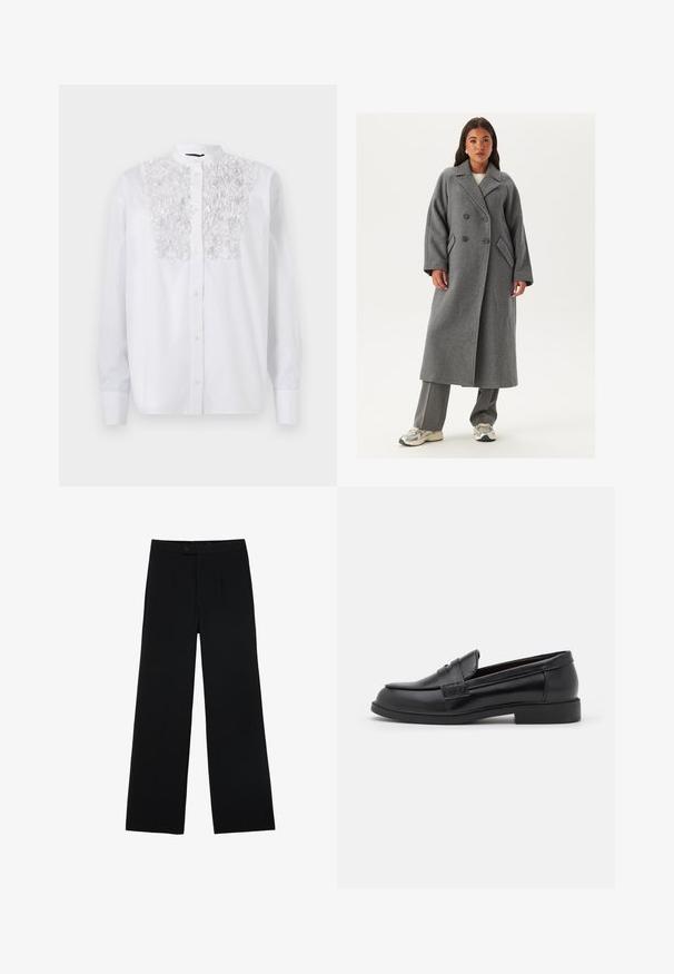Double-breasted grey wool coat with wide lapels, large buttons, and side pockets. Long, structured silhouette with a soft texture.; White button-up shirt featuring a textured floral detail on the chest, long sleeves, and a mandarin collar. Smooth cotton fabric.; Black wide-leg trousers made of smooth fabric, featuring a front button closure and two pleats for added detail. Tailored design overall.; Black leather loafers with a smooth texture, rounded toe, stitched detailing on the upper, and a low, flat rubber sole.