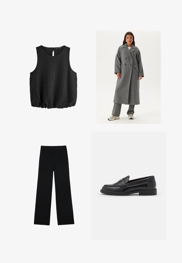 Dubbelzijdig grijs wollen jasje met brede revers, grote knopen en zijzakken. Lange, gestructureerde silhouet met een zachte textuur.; Zwarte mouwloze top van textuurstof, met een ronde halslijn en een sleutelgatdetail aan de achterkant. Heeft een gatherszoom voor een relaxte pasvorm.; Zwarte wijde broek van gladde stof, met een ritssluiting aan de voorkant en twee plooien voor extra detail. Over het geheel een nauwkeurige pasvorm.; Zwarte leren loafers met een gladde textuur, ronde neus, gestikte details op de bovenkant en een lage, platte rubberen zool.