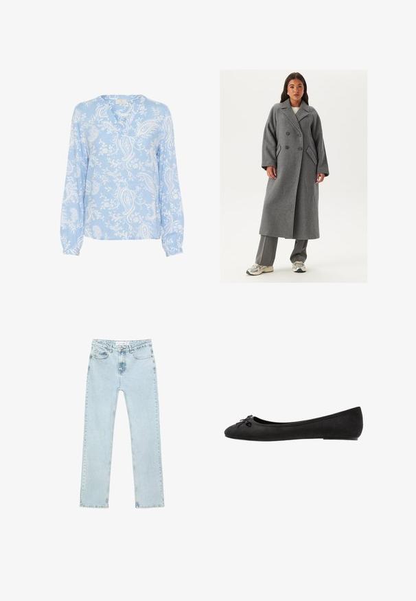 Dvouřadový šedý vlněný kabát s širokými klopami, velkými knoflíky a bočními kapsami. Dlouhá, strukturovaná silueta s měkkou texturou.; Světlomodrá blůza s dlouhými rukávy, véčkovým výstřihem a květinovým paisley vzorem v bílé barvě; hladká tkanina s nabíranými manžetami.; Svetle modré rovné džíny vyrobené z džínoviny. Obsahují přední kapsy, zip s knoflíkem a viditelné švy podél švů.; Černé semišové baleríny s kulatou špičkou, zdobené mašlí vpředu a plochou podrážkou. Hladký povrch a klasický tvar.