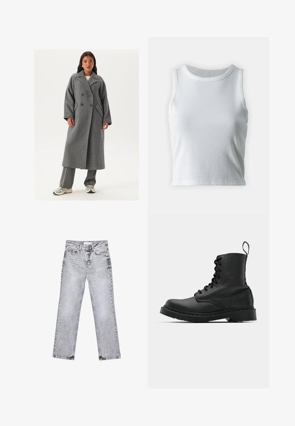 Dwurzędowy szary wełniany płaszcz z szerokimi klapami, dużymi guzikami i bocznymi kieszeniami. Długa, wyrafinowana sylwetka z miękką fakturą.; Biała, prążkowana koszulka na ramiączkach z okrągłym dekoltem i bez rękawów, z prostym dołem i gładką, elastyczną teksturą.; Szare dżinsy o prostym kroju nogawki, z przetarciami, pięcioma kieszeniami i miedzianymi nitami. Pasek w talii posiada metkę z logo.; Czarne skórzane buty wojskowe z okrągłym noskiem, sznurowanym przodem i pętelką przy kostce. Posiadają grubą gumową podeszwę dla zwiększenia trwałości.