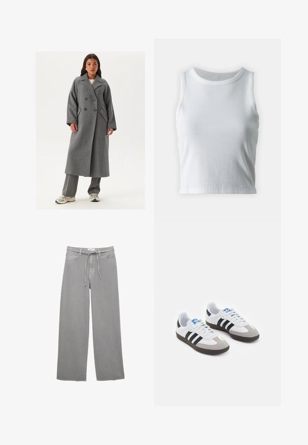 Dvouřadový šedý vlněný kabát s širokými klopami, velkými knoflíky a bočními kapsami. Dlouhá, strukturovaná silueta s měkkou texturou.; Bílý žebrovaný tílko s kulatým výstřihem a bezramínkovým designem, s rovnými lemy a hladkou, elastickou strukturou.; Široké šedé denimové kalhoty s opaskem na stažení, pěti kapsami a texturovaným povrchem. Jednoduchý a univerzální design.; Sportovní boty s bílým koženým svrškem, šedou semišovou špičkou a třemi černými pruhy. Obsahují modré logo na jazyku a texturovanou gumovou podrážku.