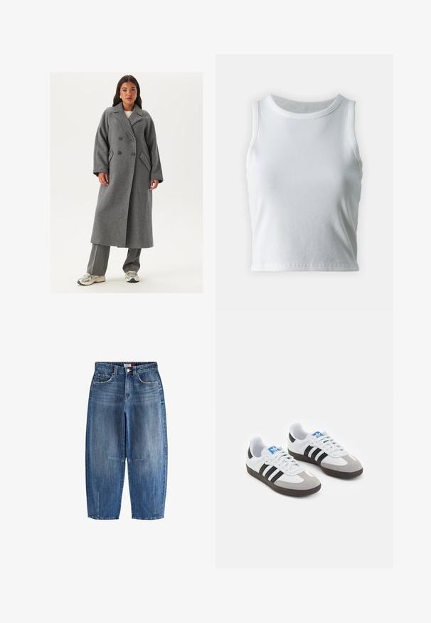 Dvouřadový šedý vlněný kabát s širokými klopami, velkými knoflíky a bočními kapsami. Dlouhá, strukturovaná silueta s měkkou texturou.; Bílý žebrovaný tílko s kulatým výstřihem a bezramínkovým designem, s rovnými lemy a hladkou, elastickou strukturou.; Džínové kalhoty v středně modré barvě, s vysokým pasem, zkráceným širokým střihem, předními kapsami a viditelným šitím.; Sportovní boty s bílým koženým svrškem, šedou semišovou špičkou a třemi černými pruhy. Obsahují modré logo na jazyku a texturovanou gumovou podrážku.