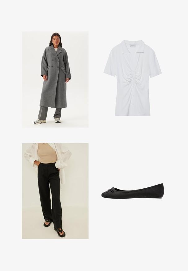 Dwurzędowy szary wełniany płaszcz z szerokimi klapami, dużymi guzikami i bocznymi kieszeniami. Długa, wyrafinowana sylwetka z miękką fakturą.; Biała bluzka z krótkim rękawem i kołnierzykiem, z twisted knot z przodu i zapięciem na guziki. Gładka, prążkowana faktura.; Czarne spodnie o wysokim stanie i szerokich nogawkach, wykonane z lekkiego materiału, z plisami z przodu i gładką fakturą. Połączone z prostymi czarnymi klapkami.; Czarne zamszowe baletki z okrągłym noskiem, z dekoracyjną kokardką z przodu i płaską podeszwą. Gładka tekstura i klasyczny kształt.