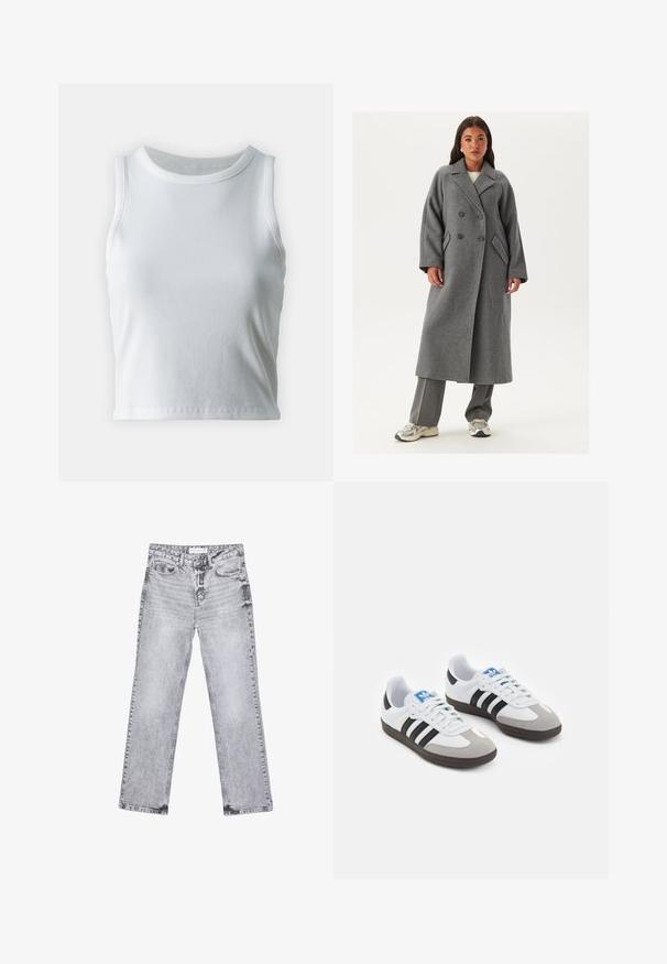Dobbeltradet grå uldfrakke med brede klapper, store knapper og sidelommer. Lang, struktureret silhuet med en blød tekstur.; Hvid ribbet tanktop med rund halsudskæring og ærmeløs design, med en lige kant og en glat, strækbar tekstur.; Grå denim jeans med lige ben, distressed detaljer, fem lommer og kobbernitter. Taljebåndet har et logomærke.; Sportsko med en overdel i hvid læder, grå ruskind på tåen og tre sorte striber. Har et blåt logo på tungen og en struktureret gummisål.