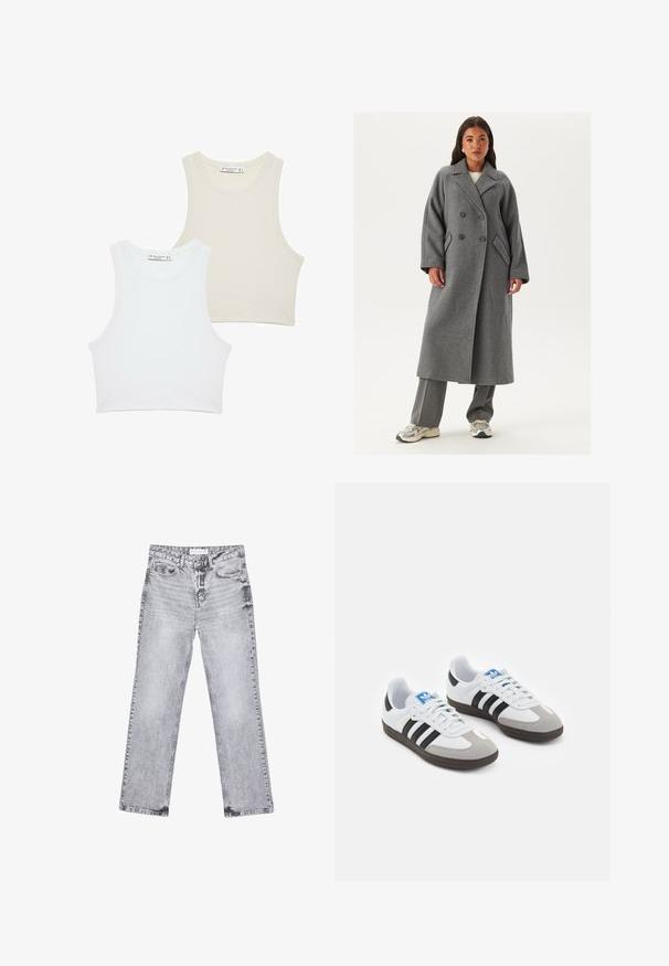 Manteau en laine gris à double boutonnage avec larges revers, grands boutons et poches latérales. Silhouette longue et structurée avec une texture douce.; Deux tops courts côtelés, l'un en blanc et l'autre en beige clair, avec des emmanchures larges et un col rond. Les deux présentent un design uni.; Jean en denim gris avec une coupe droite, des détails déchirés, cinq poches et des rivets en cuivre. La ceinture présente une étiquette de logo.; Baskets avec une tige en cuir blanc, un bout en daim gris et trois bandes noires. Présente un logo bleu sur la languette et une semelle en caoutchouc texturée.