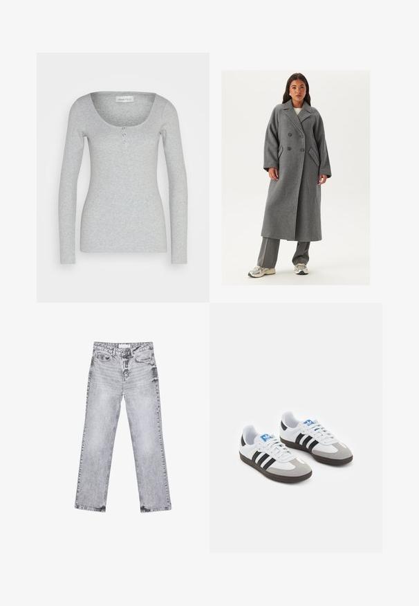 Dwurzędowy szary wełniany płaszcz z szerokimi klapami, dużymi guzikami i bocznymi kieszeniami. Długa, wyrafinowana sylwetka z miękką fakturą.; Szary, długi rękaw bluzka wykonana z miękkiego, teksturowanego materiału. Posiada zaokrąglony dekolt i trzy funkcjonalne guziki na środku przodu.; Szare dżinsy o prostym kroju nogawki, z przetarciami, pięcioma kieszeniami i miedzianymi nitami. Pasek w talii posiada metkę z logo.; Buty sportowe z białą skórzaną cholewką, szarym zamszowym noskiem i trzema czarnymi paskami. Posiadają niebieskie logo na języku oraz teksturowaną gumową podeszwę.