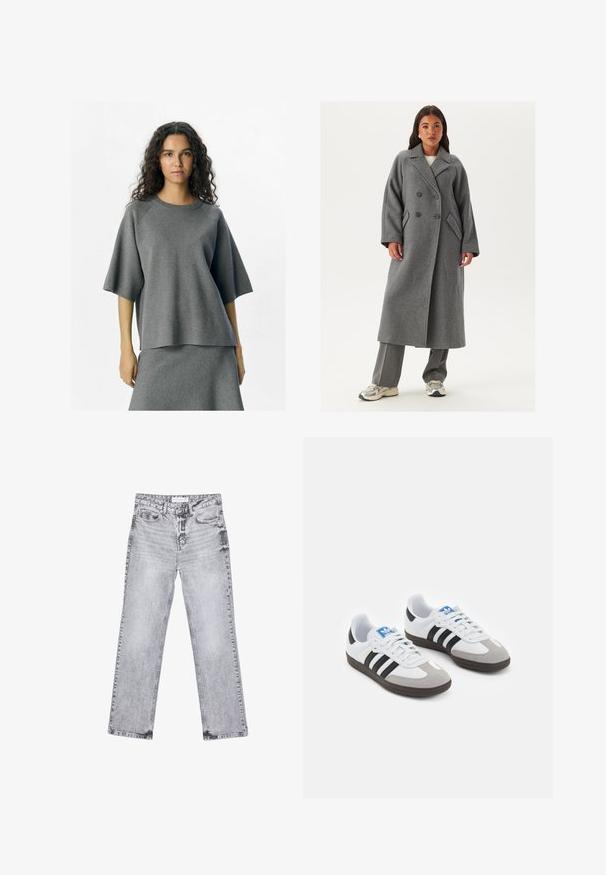 Dobbeltradet grå uldfrakke med brede klapper, store knapper og sidelommer. Lang, struktureret silhuet med en blød tekstur.; Grå strikket top med afslappet pasform, raglanærmer og rund halsudskæring. Materialet har en blød tekstur, og den er parret med en matchende underdel.; Grå denim jeans med lige ben, distressed detaljer, fem lommer og kobbernitter. Taljebåndet har et logomærke.; Sportsko med en overdel i hvid læder, grå ruskind på tåen og tre sorte striber. Har et blåt logo på tungen og en struktureret gummisål.