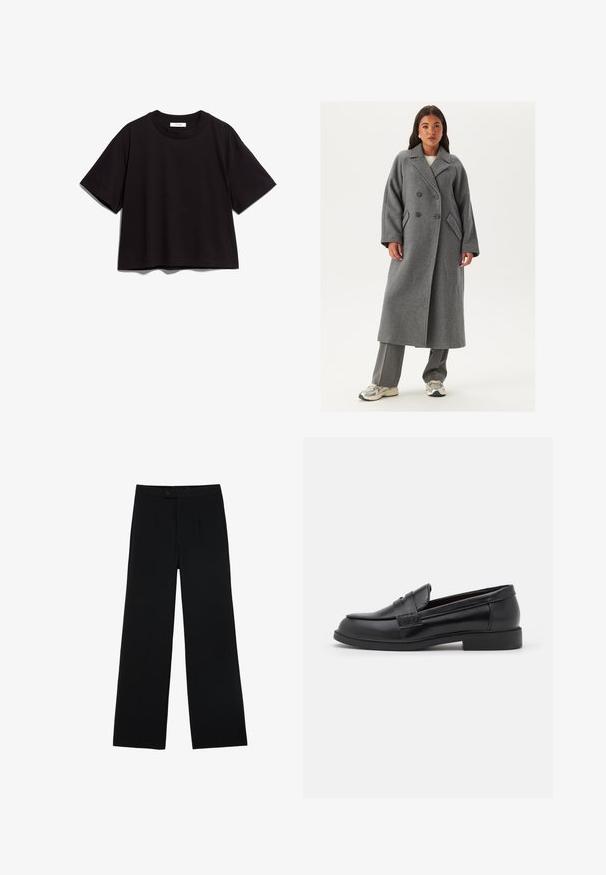 Dwurzędowy szary wełniany płaszcz z szerokimi klapami, dużymi guzikami i bocznymi kieszeniami. Długa, wyrafinowana sylwetka z miękką fakturą.; Czarny bawełniany t-shirt krótki z okrągłym dekoltem i krótkimi rękawami. Charakteryzuje się luźnym krojem oraz prostym, nieozdobionym wzorem.; Czarne szerokie spodnie wykonane z gładkiego materiału, z przodu z zapięciem na guzik i dwoma plisami dla dodatkowego wykończenia. Całość w dopasowanym kroju.; Czarne skórzane loafersy o gładkiej fakturze, zaokrąglonym nosku, wykończone przeszyciami na cholewce oraz niskiej, płaskiej gumowej podeszwie.