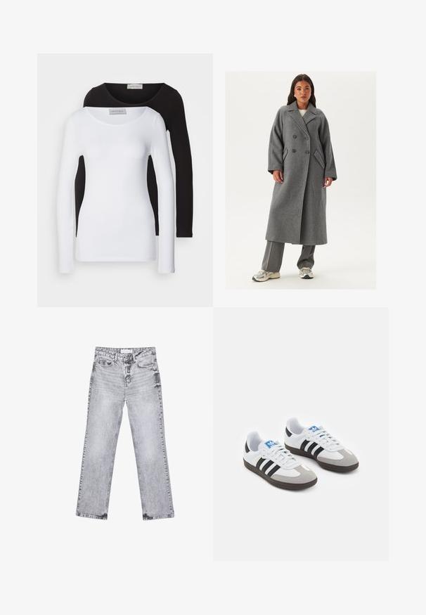 Dvouřadový šedý vlněný kabát s širokými klopami, velkými knoflíky a bočními kapsami. Dlouhá, strukturovaná silueta s měkkou texturou.; Dlouhé rukávy košile v bílé a černé bavlně, s kulatými výstřihy a přiléhavým střihem. Štítek viditelný na krku.; Šedé džíny z denimu se střihy rovnými nohavicemi, s poškozenou úpravou, pěti kapsami a měděnými nýtky. Pasová část obsahuje logo štítek.; Sportovní boty s bílým koženým svrškem, šedou semišovou špičkou a třemi černými pruhy. Obsahují modré logo na jazyku a texturovanou gumovou podrážku.