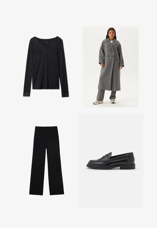 Dvouřadový šedý vlněný kabát s širokými klopami, velkými knoflíky a bočními kapsami. Dlouhá, strukturovaná silueta s měkkou texturou.; Černý top s dlouhými rukávy a krajkovým lemem na výstřihu a manžetách. Měkká tkanina s volným střihem a designem ve tvaru V.; Černé kalhoty širokého střihu vyrobené z hladkého materiálu, s předním zapínáním na knoflík a dvěma sklady pro zvýraznění detailu. Celkově střižený design.; Černé kožené mokasíny s hladkým povrchem, zaoblenou špičkou, prošitím na svršku a nízkou plochou gumovou podrážkou.